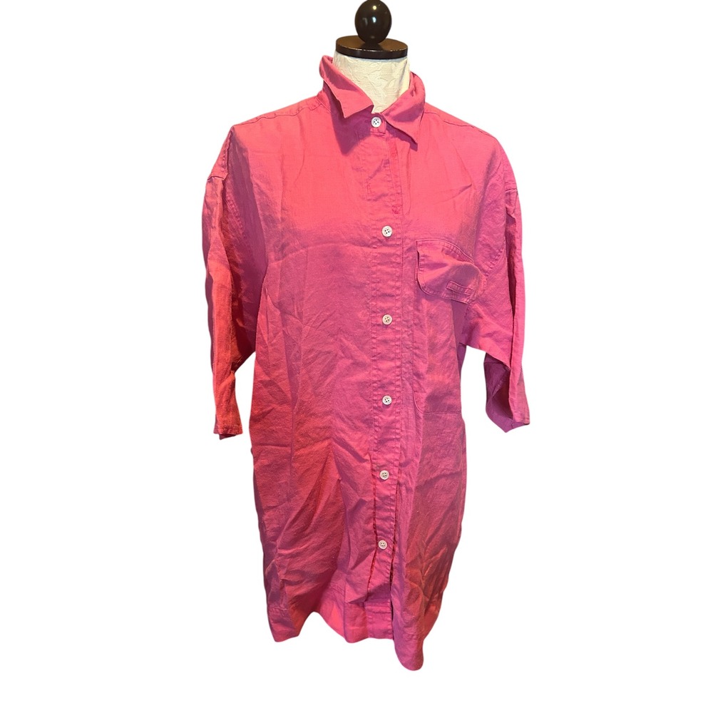Toto n Ko Womens Hot Pink 100% Linen Button Down Shirt Dress Minimalist Tunic XL
